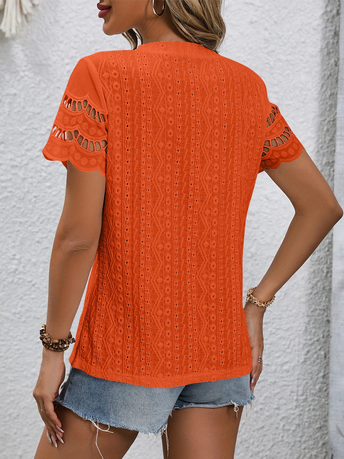 Full Size Eyelet Round Neck Short Sleeve Top Shirts & Tops Pioneer Kitty Market Orange-Red S 