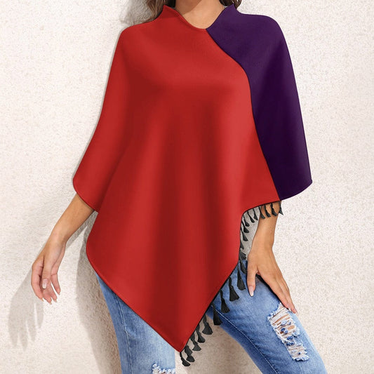 Purple and Red Knitted Cape with Fringed Edge  Pioneer Kitty Market   