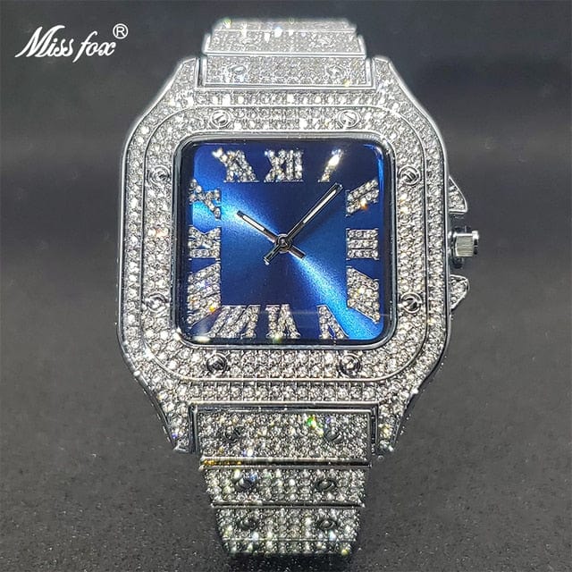 Men's Ice Out Diamond Square Watch by Miss Fox  Pioneer Kitty Market Silver Blue  