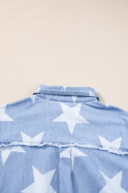 Sky Blue Stars Frayed Hem Collared Short Sleeve Denim Dress Dresses/Mini Dresses Pioneer Kitty Market   