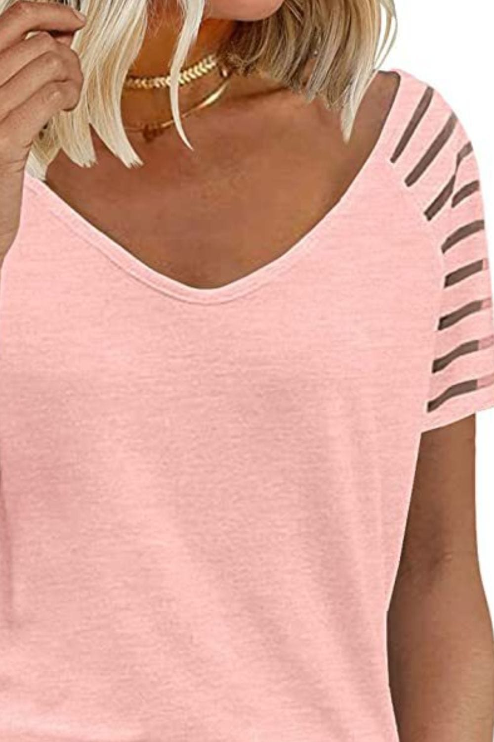 Women's V-Neck Raglan Mesh-Striped Sleeve T-Shirt Shirts & Tops Pioneer Kitty Market   