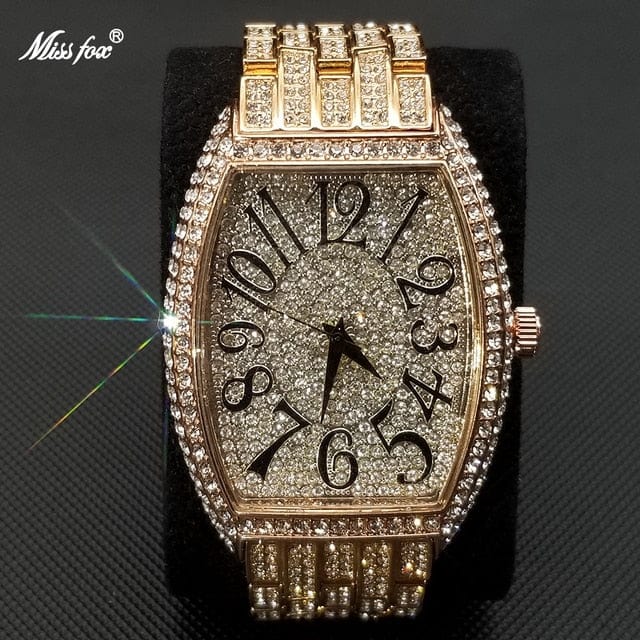 Men's Popular Tonneau Diamond Luxury Watch by Miss Fox  Pioneer Kitty Market Rose Gold  