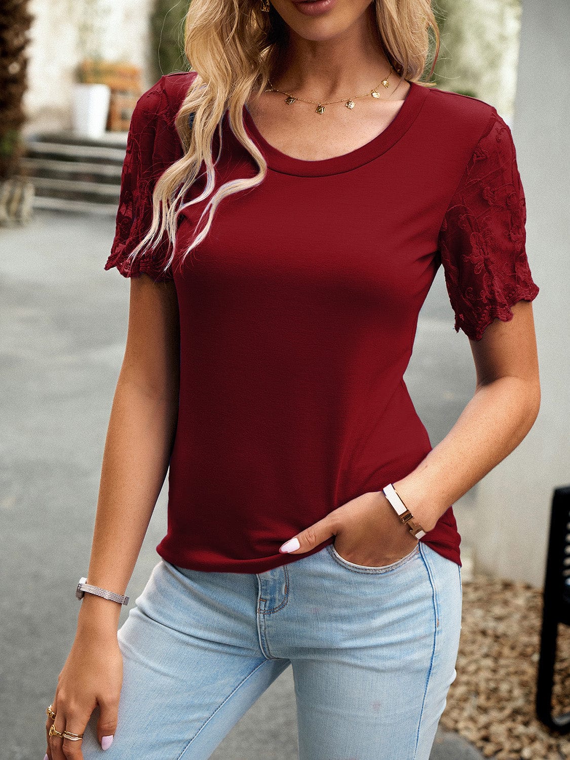 Women's Lace Detail Round Neck Short-Sleeved Shirt Shirts & Tops Pioneer Kitty Market Wine S 