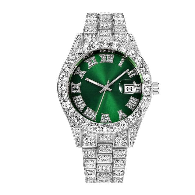 Men's Luxury Diamond Bezel Roman Numeral Wrist Watch  Pioneer Kitty Market Green Silver  