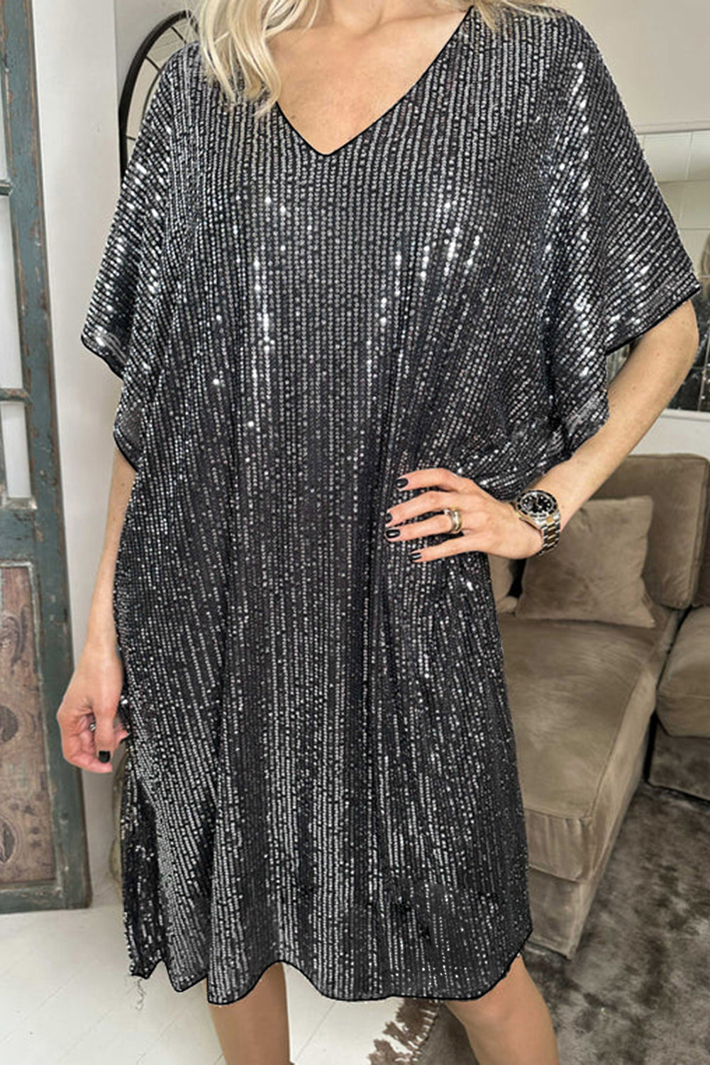 Dark Grey Sequin V Neck Dolman Sleeve Shift Dress Dresses/Sequin Dresses Pioneer Kitty Market Dark Grey S 