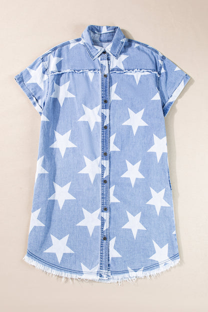 Sky Blue Stars Frayed Hem Collared Short Sleeve Denim Dress Dresses/Mini Dresses Pioneer Kitty Market   