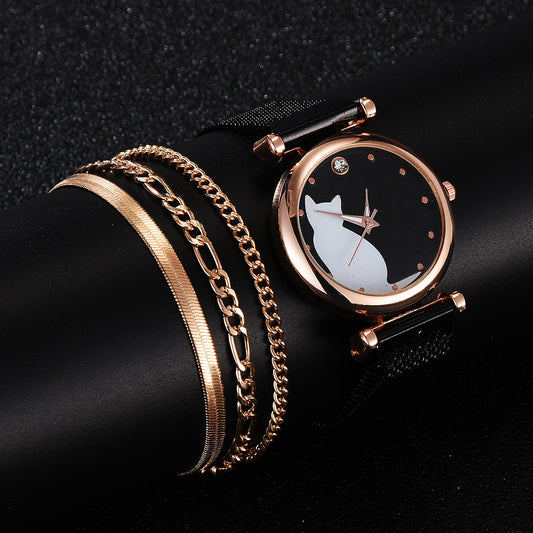 Women's Cat Quartz Watch Bracelet Set Jewelry PKM   