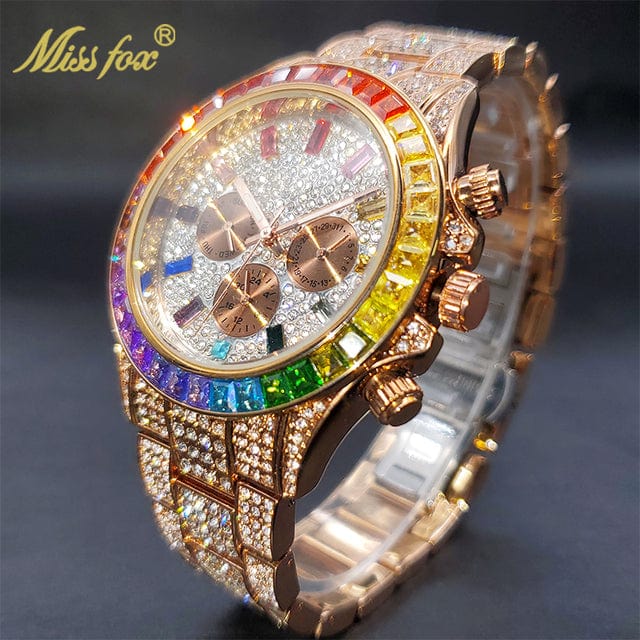 Men's Luxury Gold or Silver Waterproof Stainless Steel Watch Watches  Pioneer Kitty Market V298R-Rainbow Rose Gold  