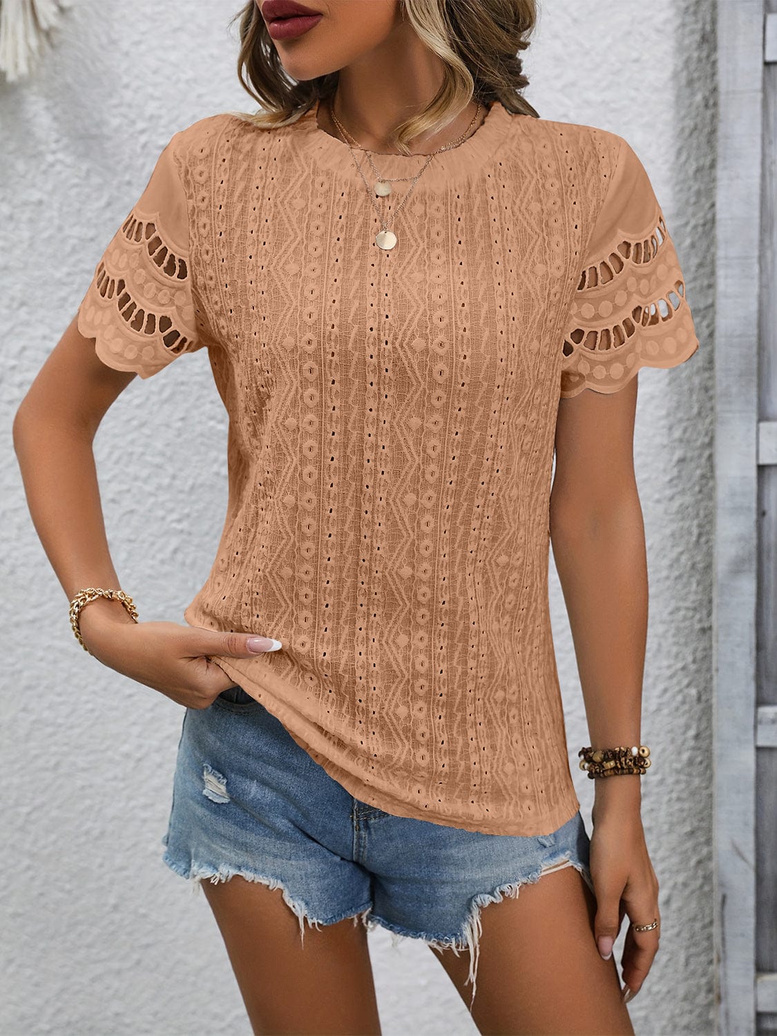 Full Size Eyelet Round Neck Short Sleeve Top Shirts & Tops Pioneer Kitty Market   