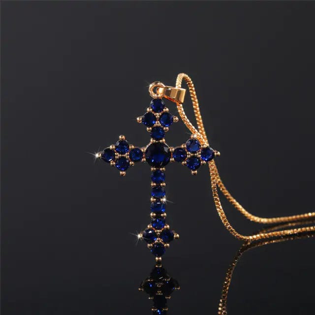 Brass and Zirconia Christian Cross Necklace for Women  Pioneer Kitty Market Blue Cross  