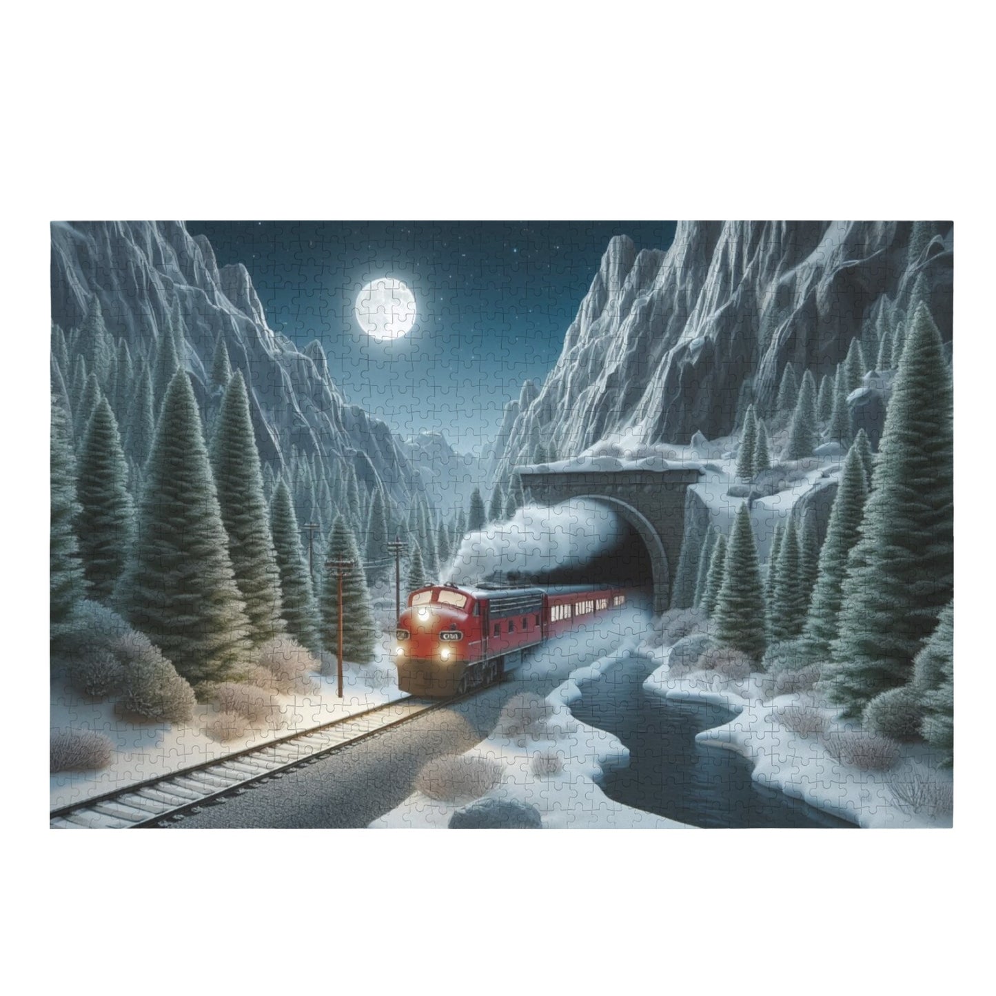 Riding the Train Out of the Tunnel of Darkness 1000-Piece Puzzle  interestprint One Size Winter Red Train 