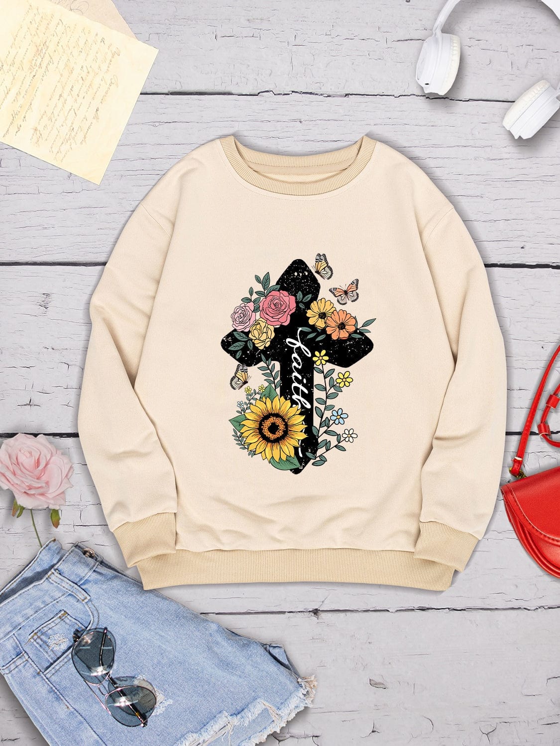 Women's Christian Faith Floral Cross Graphic Sweatshirt Shirts & Tops Pioneer Kitty Market   