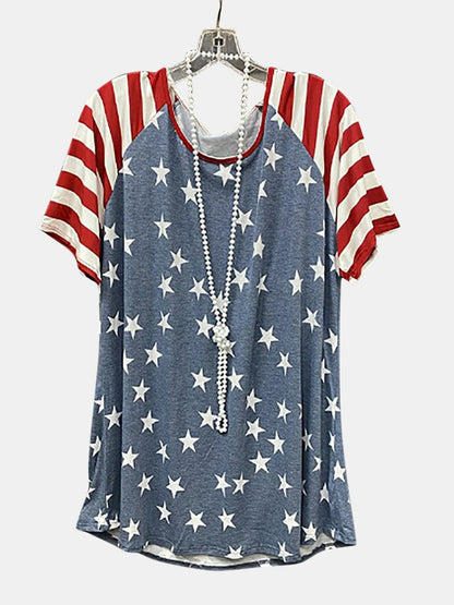 Women's Stars and Stripes Round Neck Short-Sleeved T-Shirt Shirts & Tops Pioneer Kitty Market   