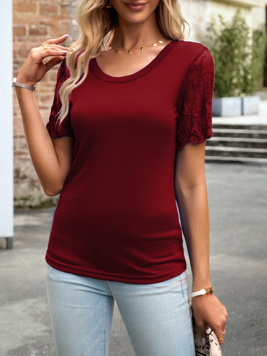 Women's Lace Detail Round Neck Short-Sleeved Shirt Shirts & Tops Pioneer Kitty Market   