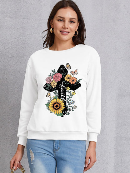 Women's Christian Faith Floral Cross Graphic Sweatshirt Shirts & Tops Pioneer Kitty Market White S 