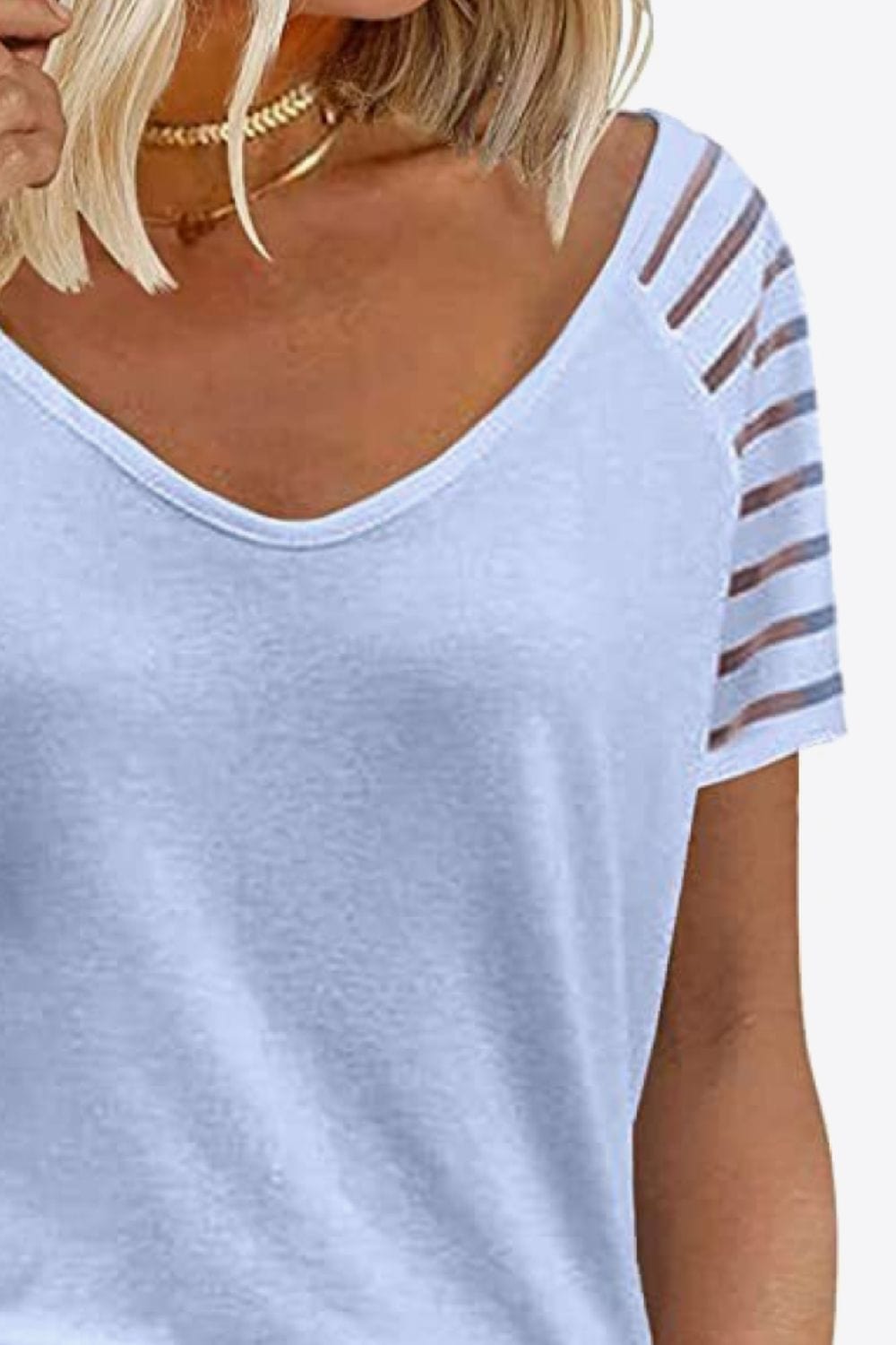 Women's V-Neck Raglan Mesh-Striped Sleeve T-Shirt Shirts & Tops Pioneer Kitty Market   