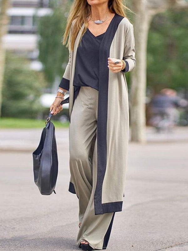Women's Casual Contrasting Color Camisole with Long Sleeve Cardigan Jacket and Trousers Set  Pioneer Kitty Market   