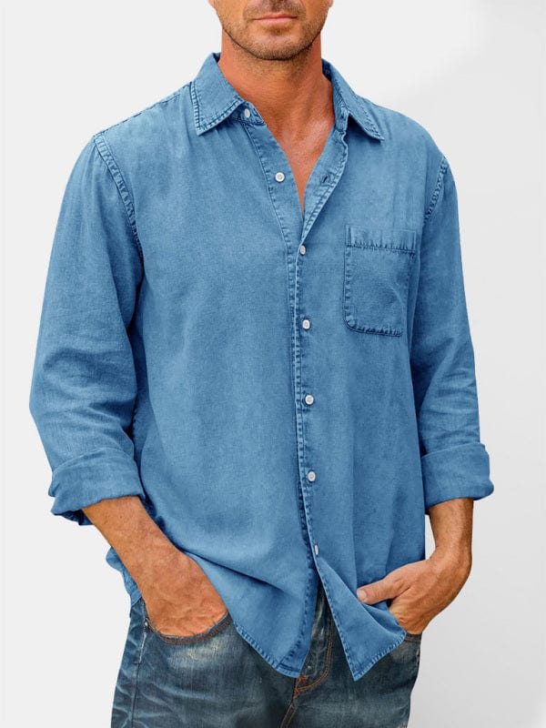 Men's Casual Solid Color Long Sleeve Slim Fit Lapel Shirt  kakaclo Blue S 