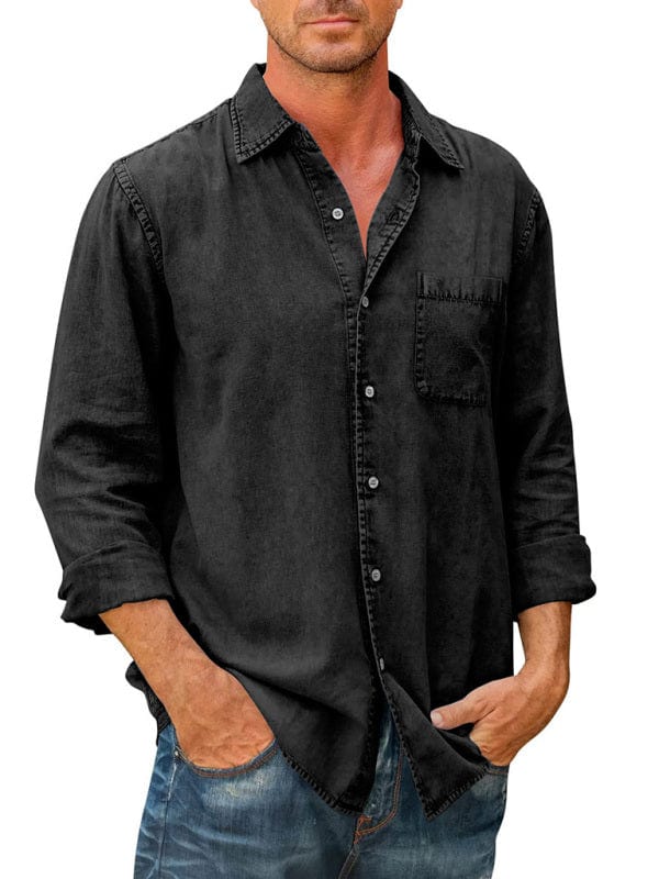 Men's Casual Solid Color Long Sleeve Slim Fit Lapel Shirt  kakaclo Black S 