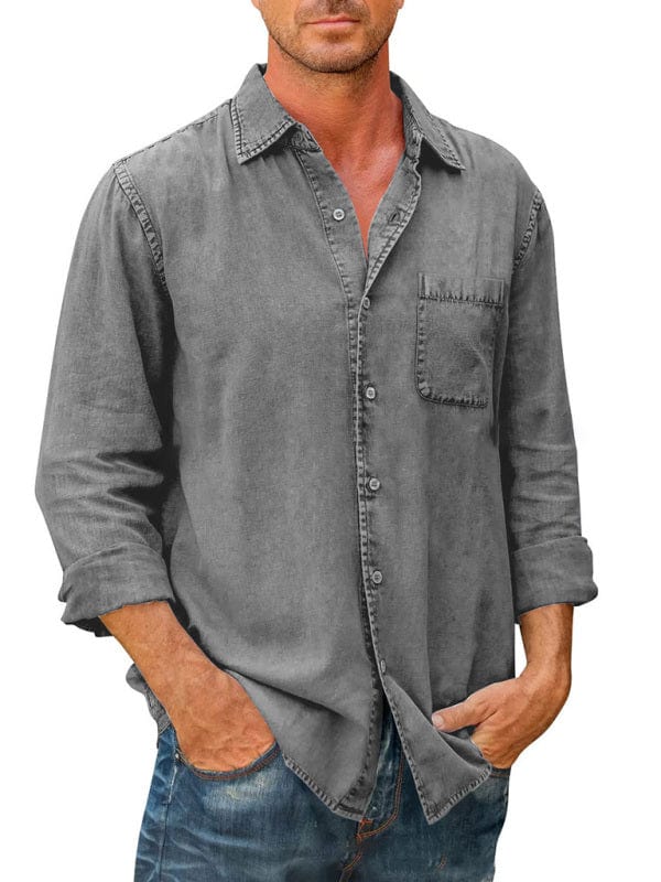 Men's Casual Solid Color Long Sleeve Slim Fit Lapel Shirt  kakaclo Grey S 