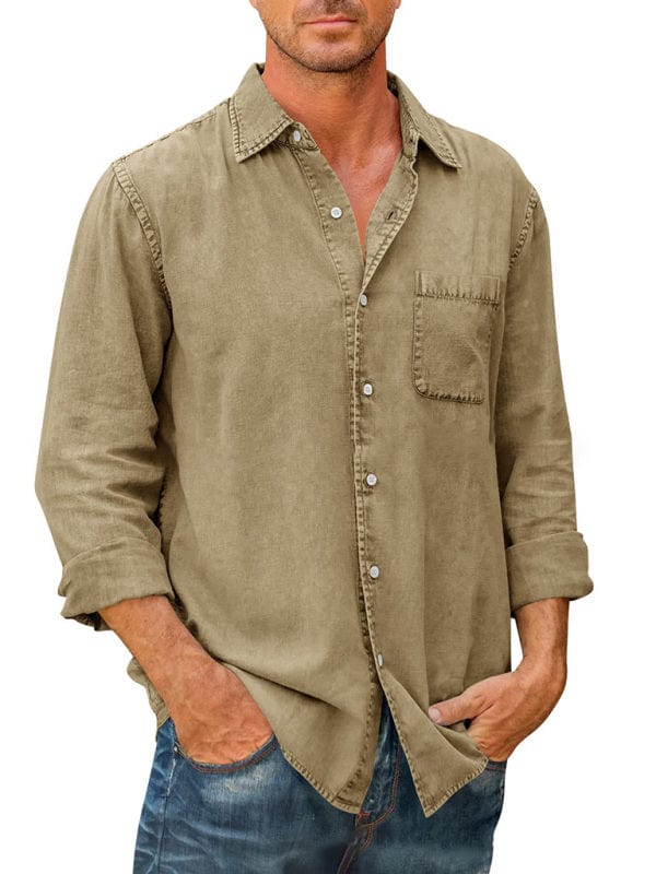 Men's Casual Solid Color Long Sleeve Slim Fit Lapel Shirt  kakaclo Khaki S 