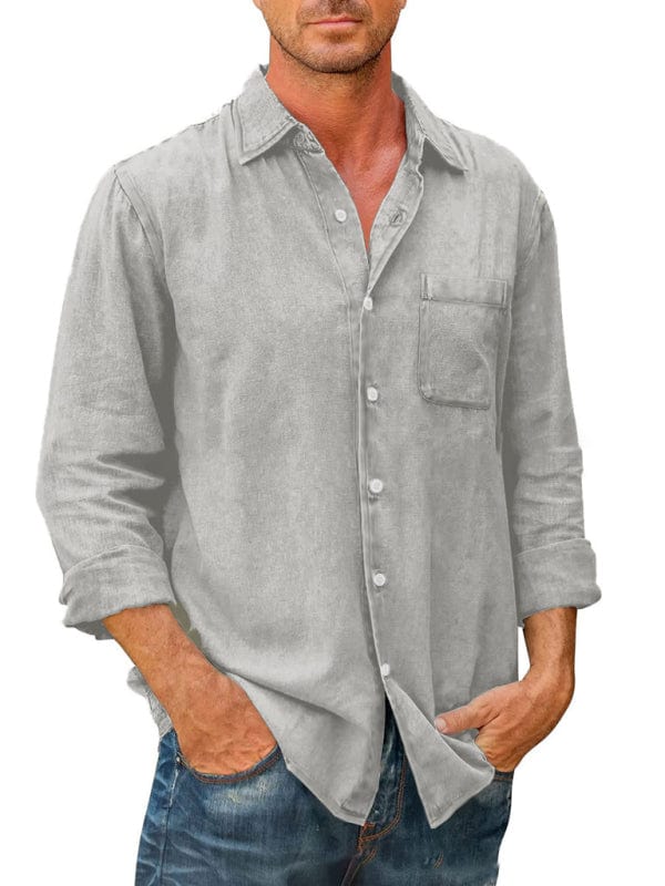 Men's Casual Solid Color Long Sleeve Slim Fit Lapel Shirt  kakaclo Misty grey S 