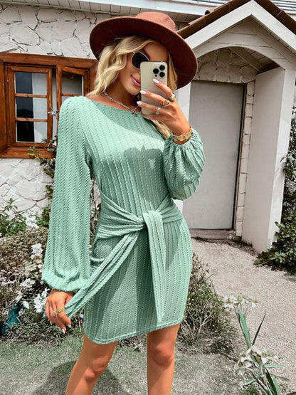 Women's Round Neck Long Sleeve Waist Slim Dress  Pioneer Kitty Market Green S 