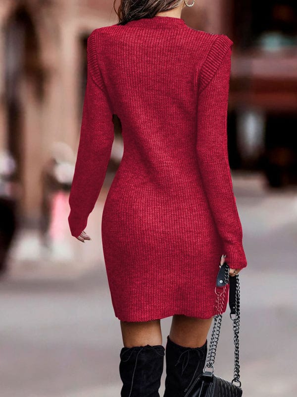 Autumn/Winter Solid Color Round Neck Long Sleeve Sexy Sweater Dress  Pioneer Kitty Market Red S 