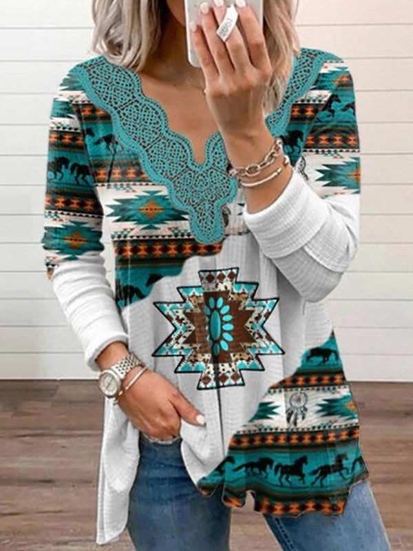 Women's Knitted Casual Ethnic Aztec Print Lace Top - Pioneer Kitty Market