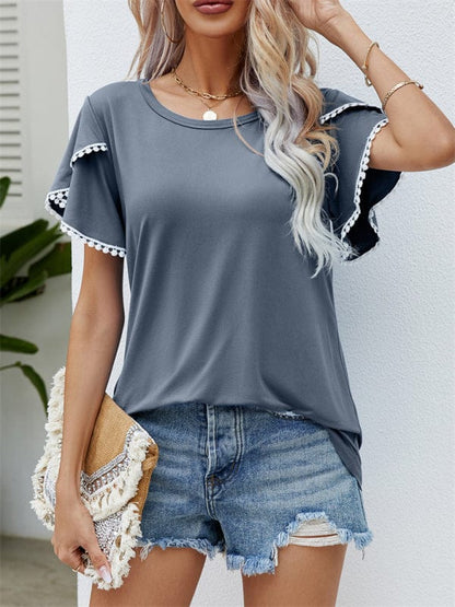 Round Neck Tassel Tulip Sleeve T-Shirt Casual Top Women shirts kakaclo   