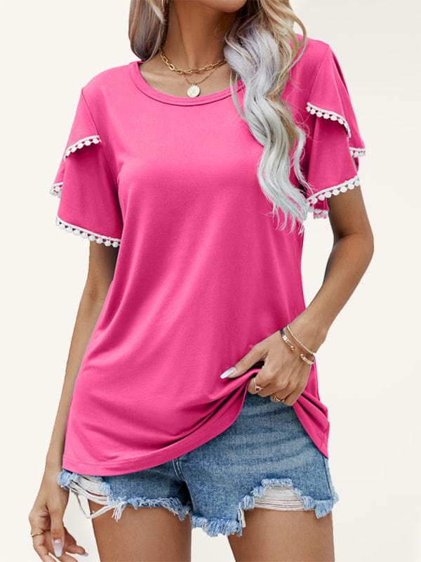 Round Neck Tassel Tulip Sleeve T-Shirt Casual Top Women shirts kakaclo Rose S 