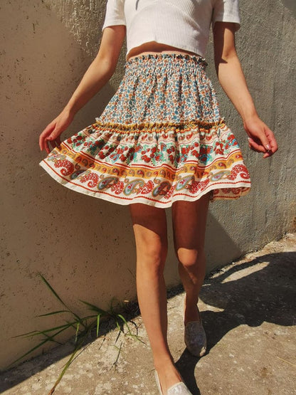 Women's Printed Bohemian Ethnic Ruffle Skirt  Pioneer Kitty Market Cream S 