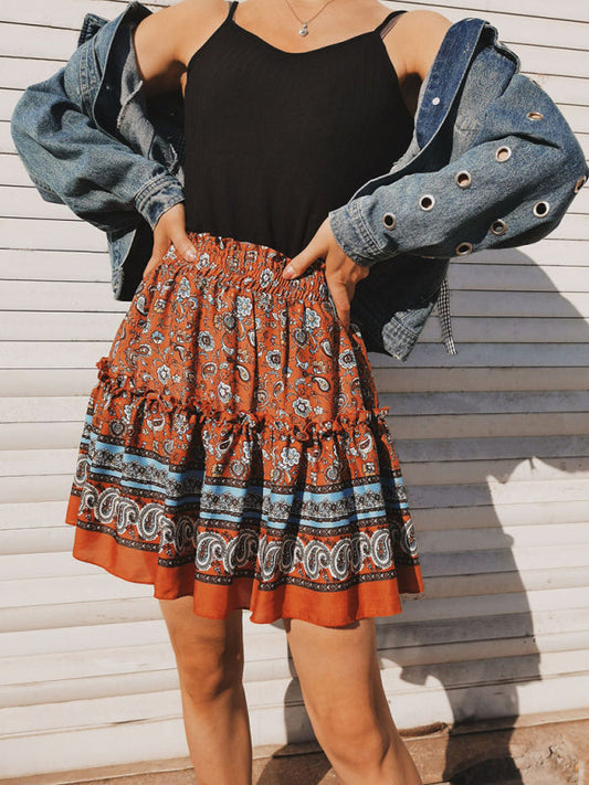 Women's Printed Bohemian Ethnic Ruffle Skirt  kakaclo   