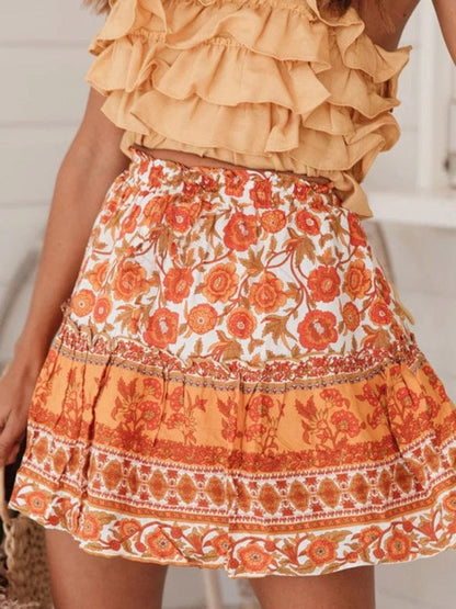 Women's Printed Bohemian Ethnic Ruffle Skirt  Pioneer Kitty Market Orange S 