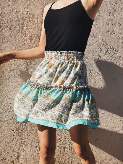 Women's Printed Bohemian Ethnic Ruffle Skirt  Pioneer Kitty Market Sky Blue Azure S 