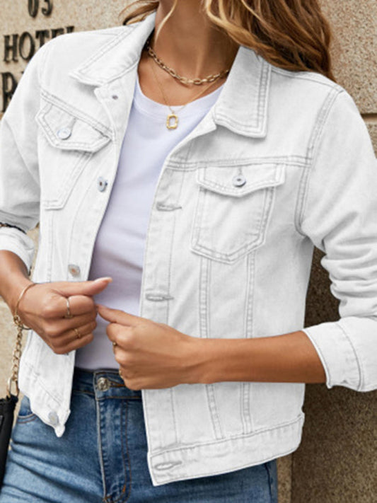 Women's slim lapel regular denim jacket  kakaclo White S 