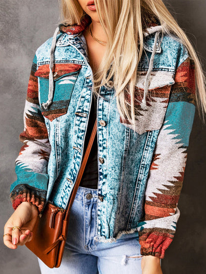 Women's Western Style Denim Patchwork Hooded Jacket  Pioneer Kitty Market   
