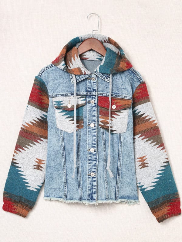 Women's Western Style Denim Patchwork Hooded Jacket  Pioneer Kitty Market   