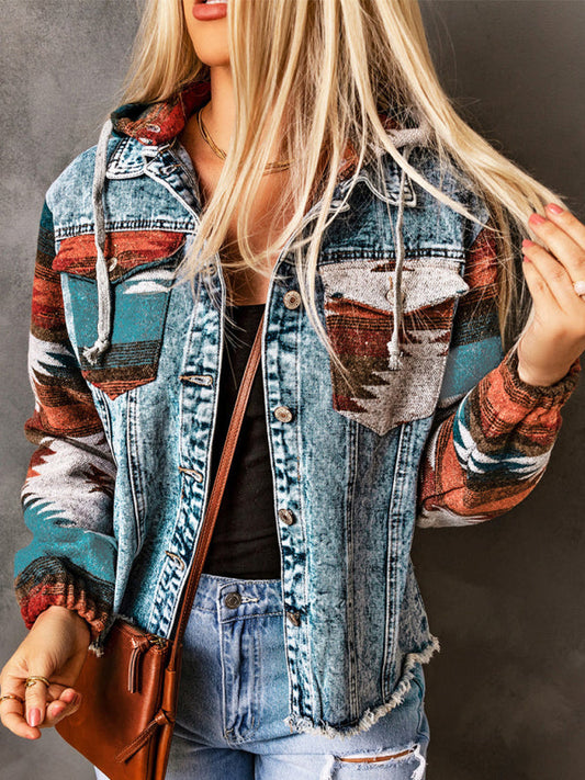 Women's Western Style Denim Patchwork Hooded Jacket  Pioneer Kitty Market Pattern 1 S 