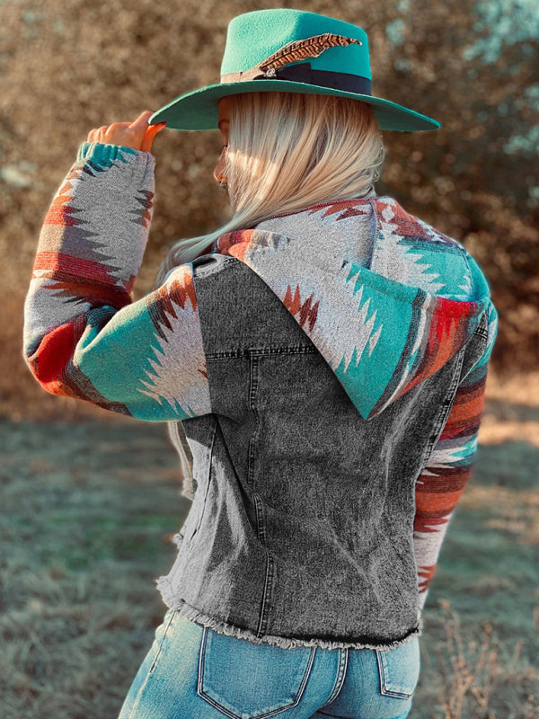 Women's Western Style Denim Patchwork Hooded Jacket  kakaclo   