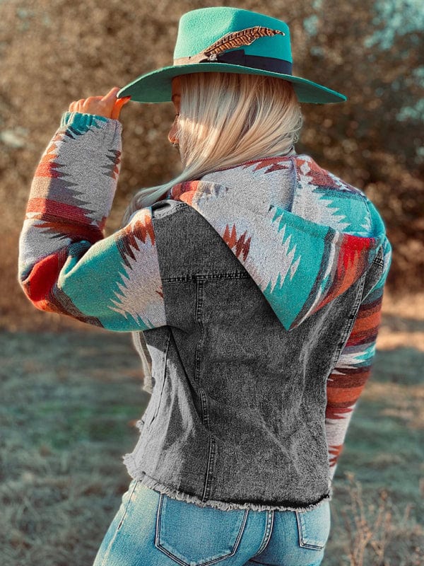 Women's Western Style Denim Patchwork Hooded Jacket  Pioneer Kitty Market   