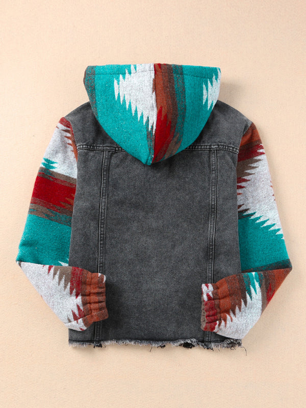 Women's Western Style Denim Patchwork Hooded Jacket  Pioneer Kitty Market   