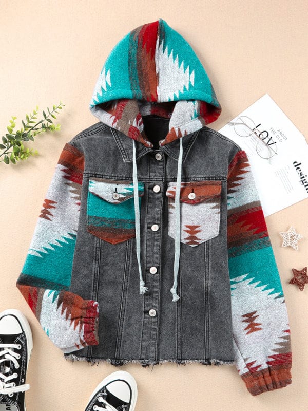 Women's Western Style Denim Patchwork Hooded Jacket  kakaclo   