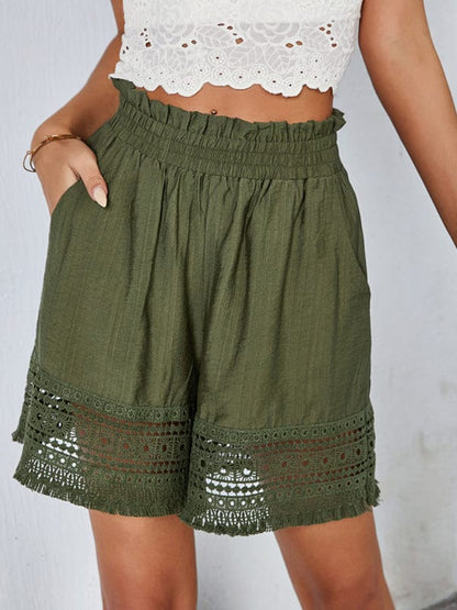 Women's Classy Bohemian Summer Lace Patchwork Wide Leg Shorts  Pioneer Kitty Market Olive green S 