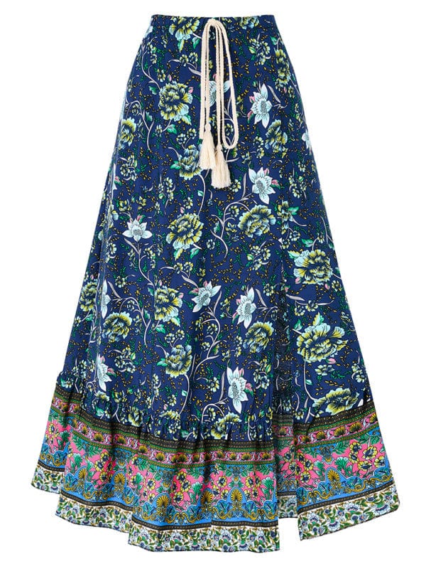 Women's Bohemian Style Printed Waist Drawstring Casual Skirt  Pioneer Kitty Market   