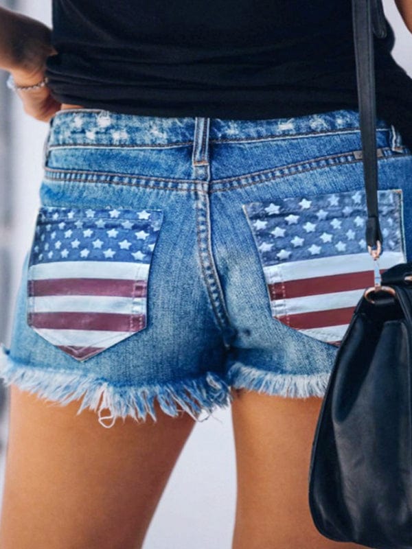 Women's American Independence Day Flag Print Rugged Denim Shorts  Pioneer Kitty Market S  