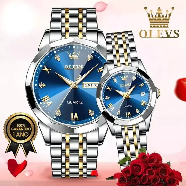 Olevs Diamond His & Hers 3D Watch Set Watches  Pioneer Kitty Market Silver And Blue  