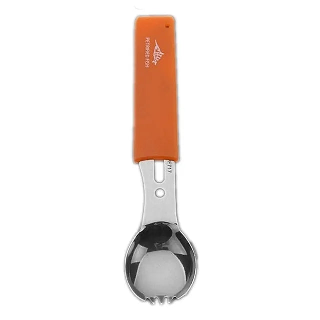 Multifunctional Stainless Steel Camping Knife and Spork (Spoon and Fork) utensil Pioneer Kitty Market Silve and Orange Set  