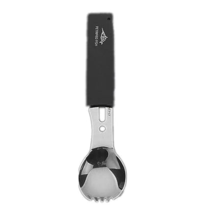 Multifunctional Stainless Steel Camping Knife and Spork (Spoon and Fork) utensil Pioneer Kitty Market Silver and Black Set  