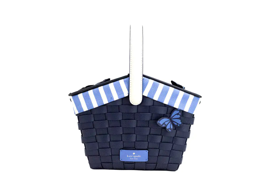 Kate Spade Flutter Fly Navy Blue Leather Picnic Basket Crossbody picnic basket Pioneer Kitty Market   